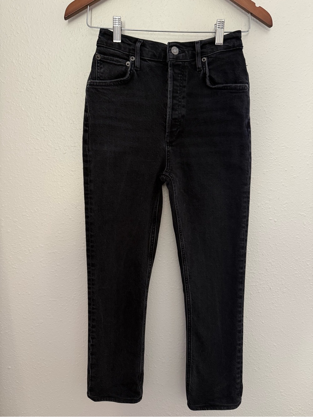 AGOLDE Riley Crop High Rise Straight Black Jeans Button Fly Estimated Size 23